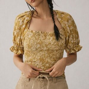 Anthropologie Gold Smocked Puff Sleeve Crop Top NWT